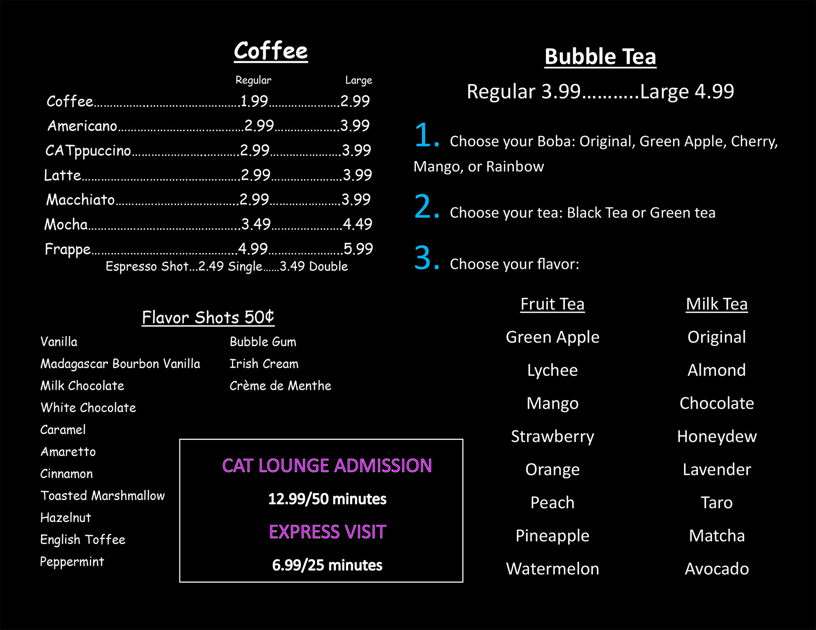 Sugar Kittens Cat Cafe - Cat Cafe in Liberty Missouri - Menu