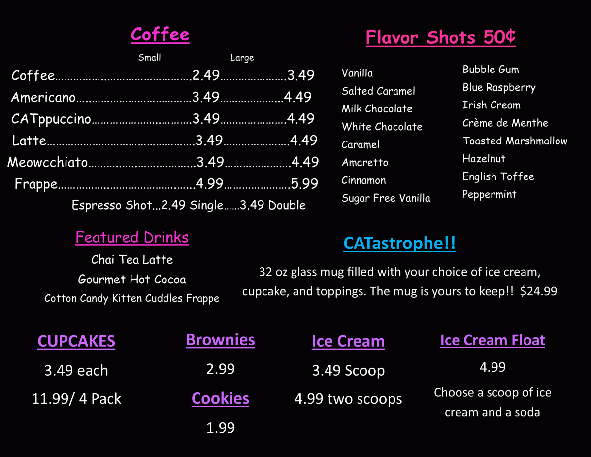 Sugar Kittens Cat Cafe - Cat Cafe in Liberty Missouri - Menu